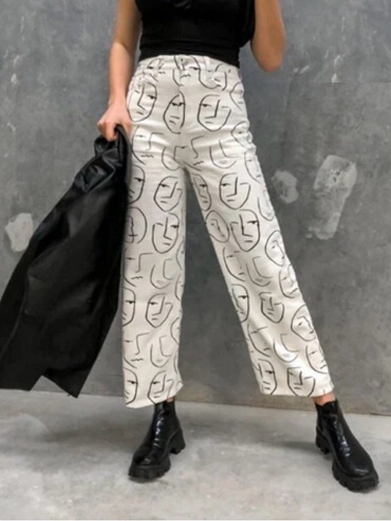 Shekou Denim - Shekou "Little Things" white denim jeans with a black abstract face print